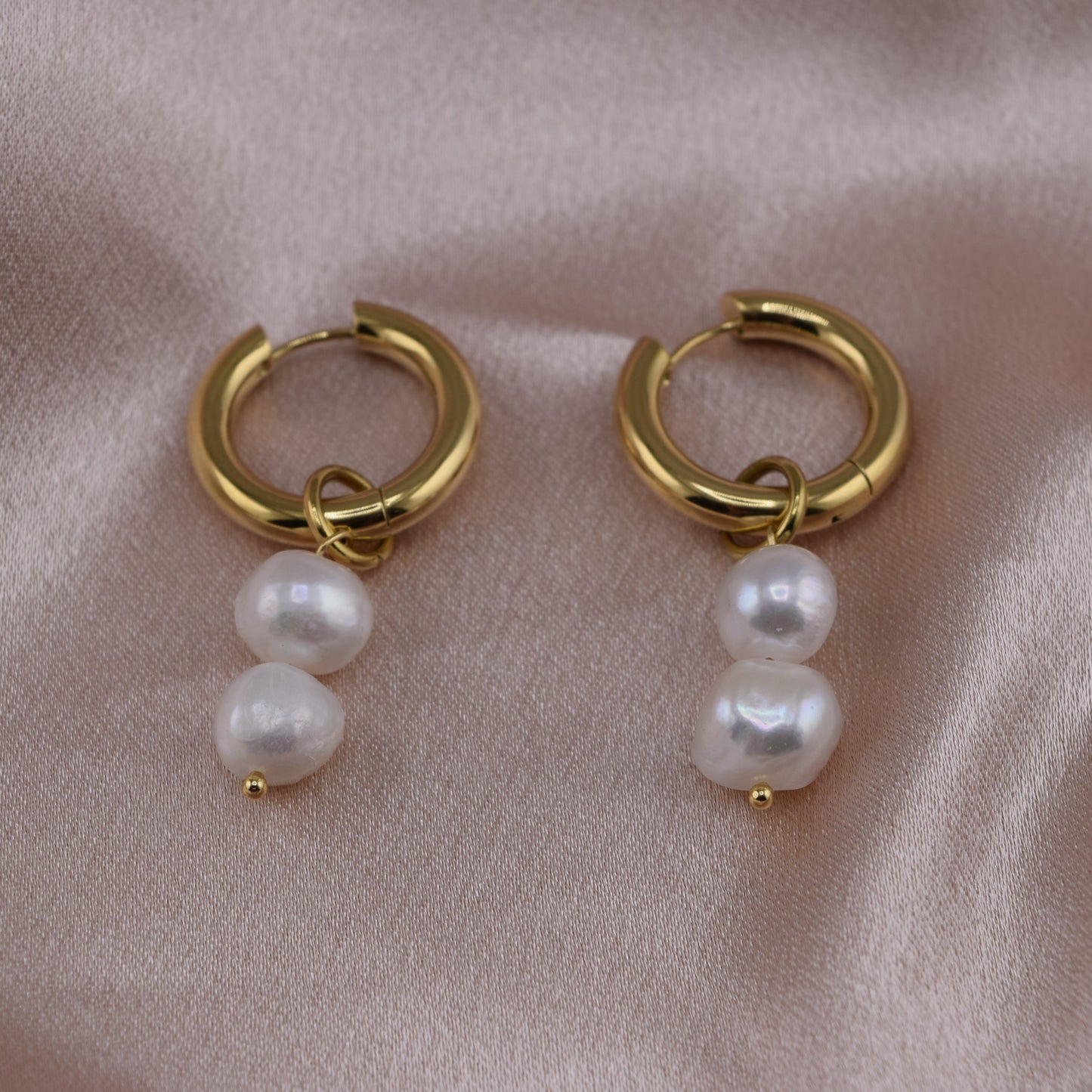 Stacked Pearl Huggie Hoops – Waterproof /Tarnish-Free / Hypoallergenic