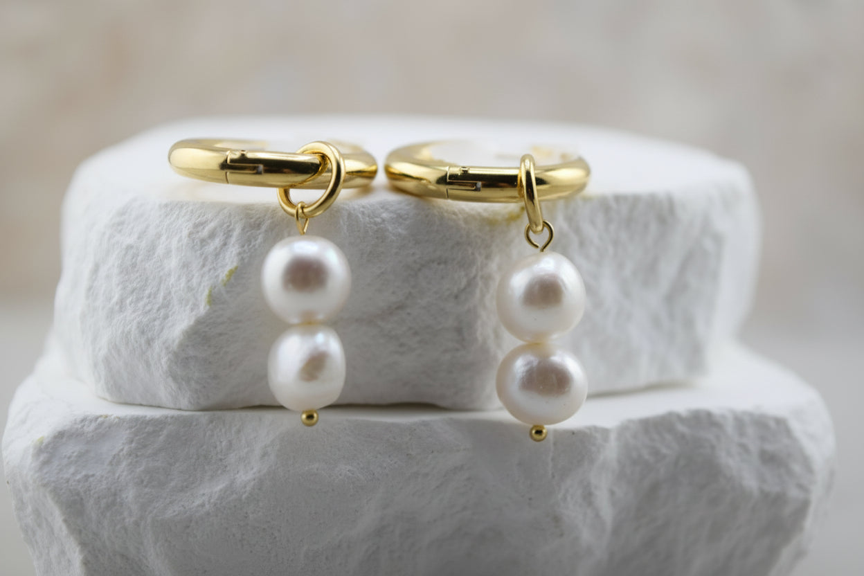 Stacked Pearl Huggie Hoops – Waterproof /Tarnish-Free / Hypoallergenic