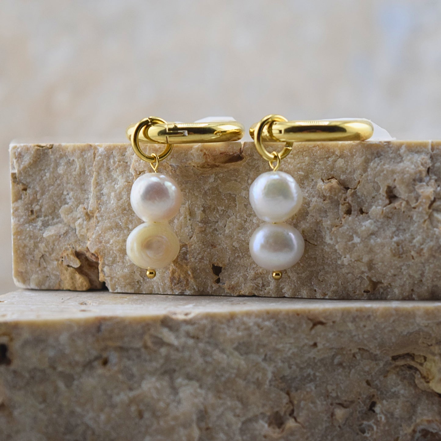 Stacked Pearl Huggie Hoops – Waterproof /Tarnish-Free / Hypoallergenic