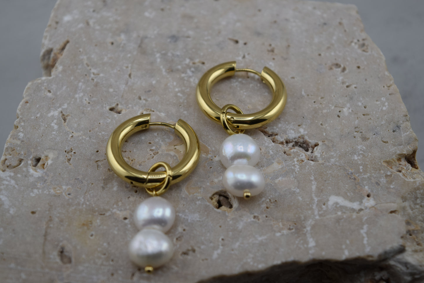 Stacked Pearl Huggie Hoops – Waterproof /Tarnish-Free / Hypoallergenic