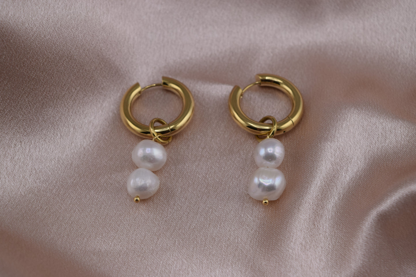 Stacked Pearl Huggie Hoops – Waterproof /Tarnish-Free / Hypoallergenic