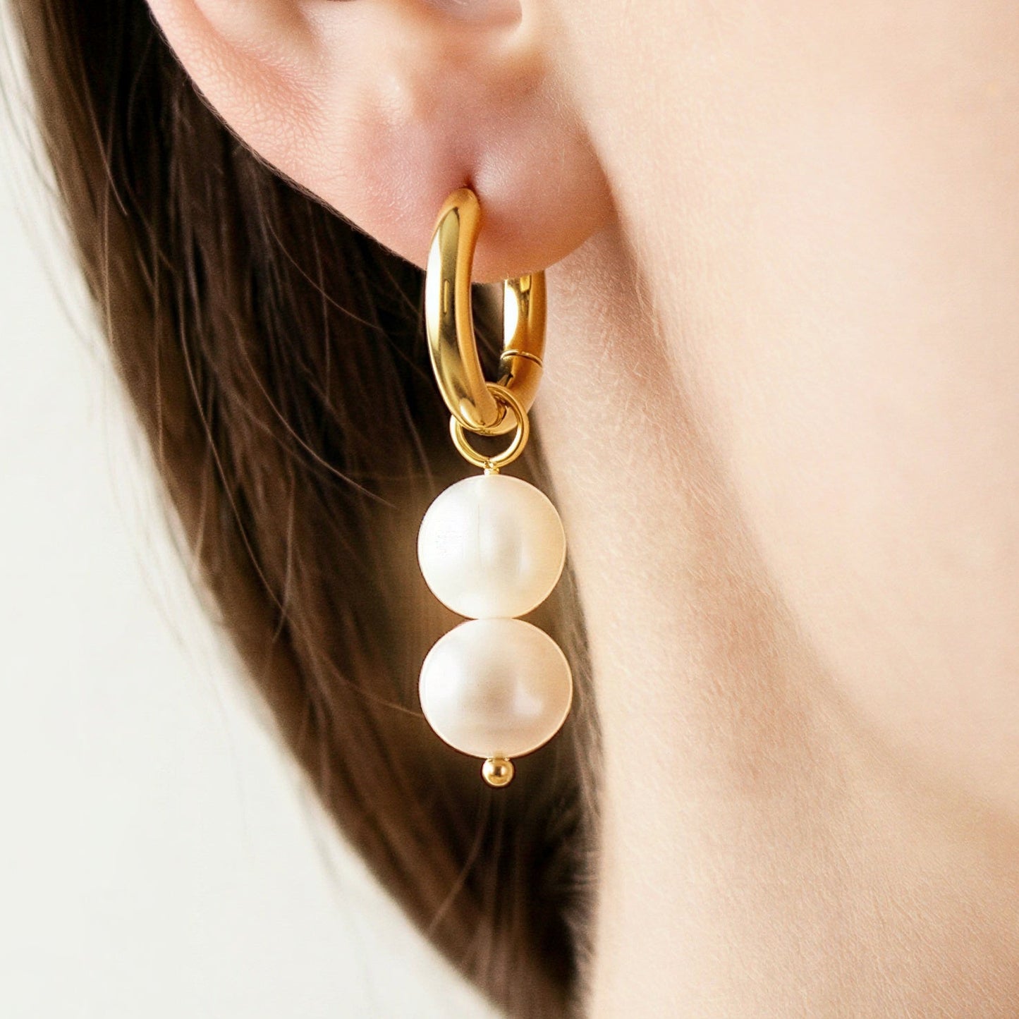 Stacked Pearl Huggie Hoops – Waterproof /Tarnish-Free / Hypoallergenic